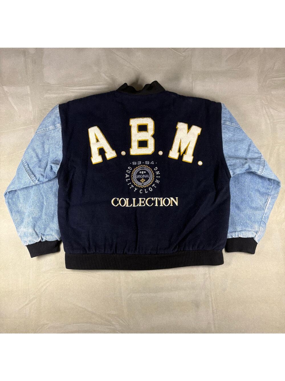 Vintage ABM Collection Varsity Jacket Denim Sleeve Wool Bomber 90s XL USA